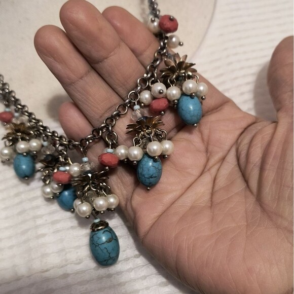 Talbots Cluster Fringe Statement Necklace Howlite Turquoise Pearls - Picture 4 of 7